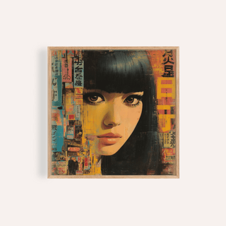 Close-up of Japanese Woman Art showing a contemporary portrait with black hair and colourful text blocks