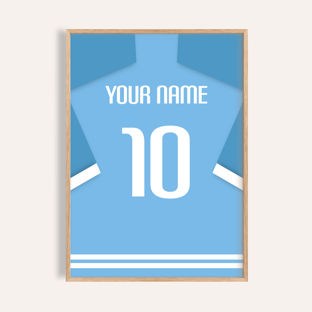 Featuring a jersey silhouette wall art poster with “YOUR NAME” text and large number 10 layout