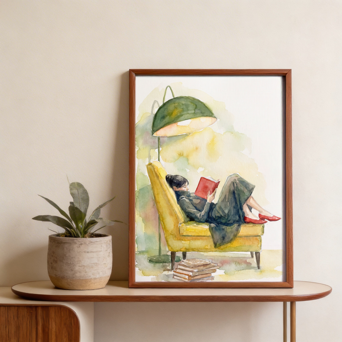 Woman Reading in Armchair Print watercolor wall art with red book and floor lamp