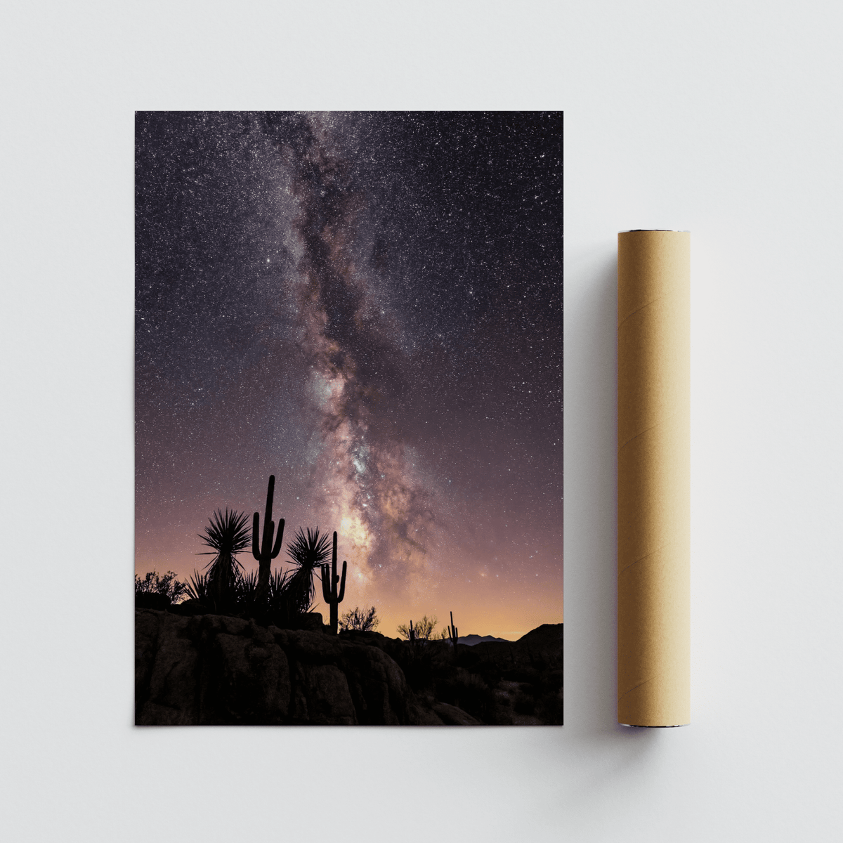 Cactus Night Print featuring Black, Pink, Purple, Yellow hues for modern living room wall
