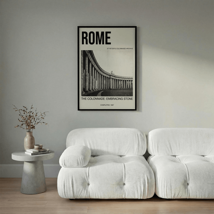 Framed Colonnade Architecture Art Print of St Peter's colonnade in minimalist black and white above a white sofa
