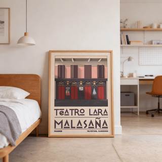 Graphic travel wall art print showing Teatro Lara facade and MALASAÑA text