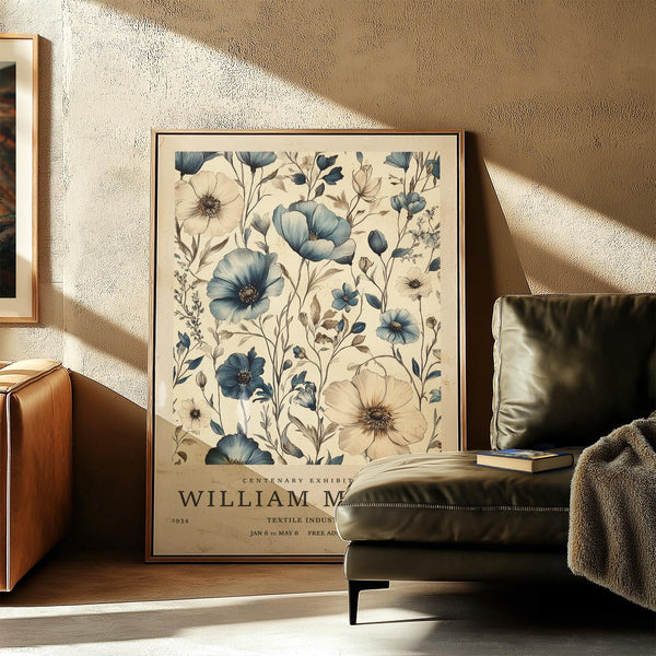 Neutral wall art for living room in vintage textile style with floral detail.