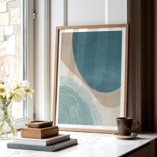 Minimal abstract wall poster showing a large circle and sweeping bands