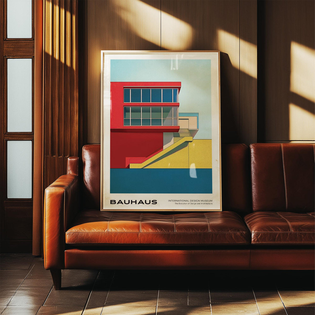Mid century modern art prints with a vivid red Bauhaus structure against a light blue sky.