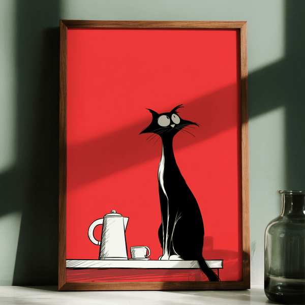 Whimsical Cat Wall Art for contemporary hallway, black and white cat red art print