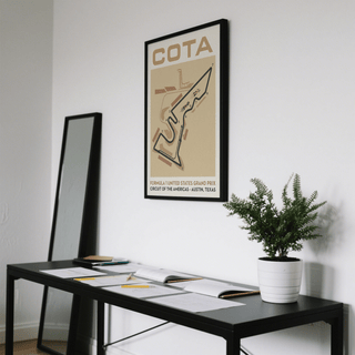 Top section of COTA poster print with bold lettering and minimalist race-map styling