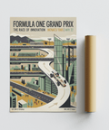 Full Formula One Poster wall art showing the complete track layout, buildings, and classic car
