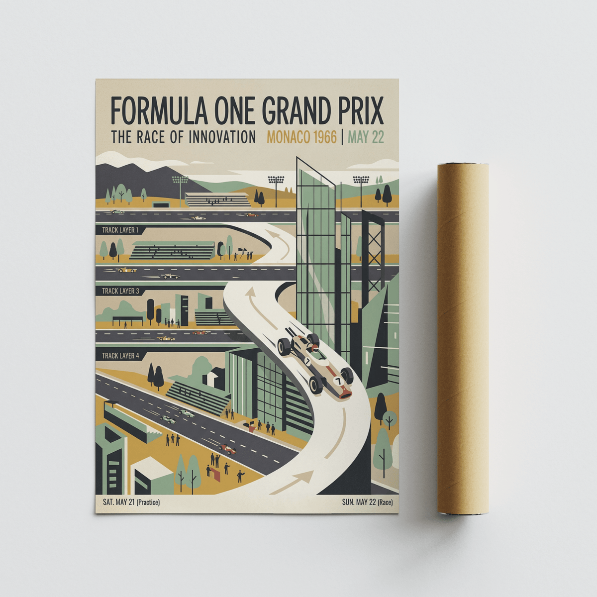 Full Formula One Poster wall art showing the complete track layout, buildings, and classic car