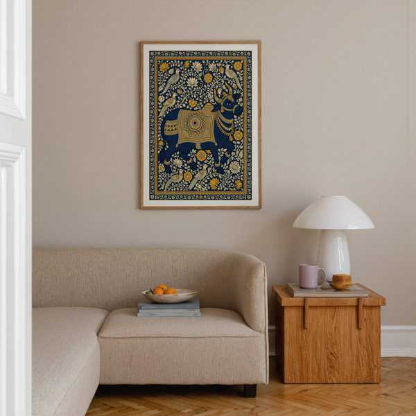 Tapestry style bull wall poster with patterned saddle cloth