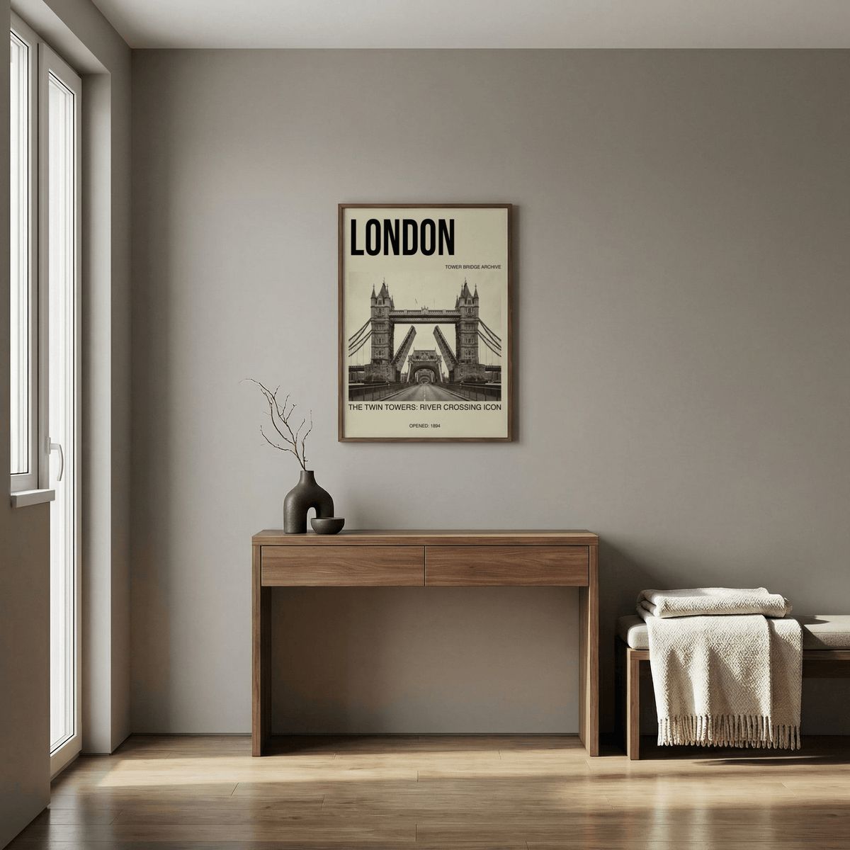 Minimal travel wall art print featuring Tower Bridge architecture with central vanishing point