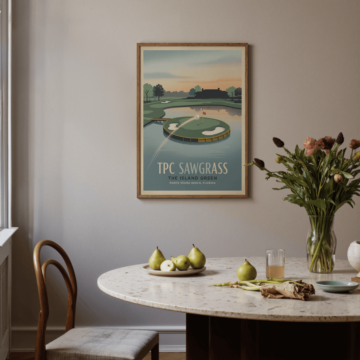 Minimal landscape poster print of a golf hole over water with trees along the horizon line