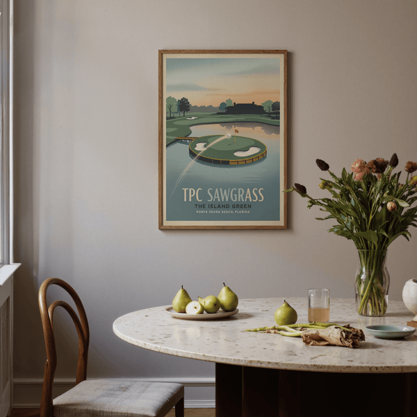 Minimal landscape poster print of a golf hole over water with trees along the horizon line