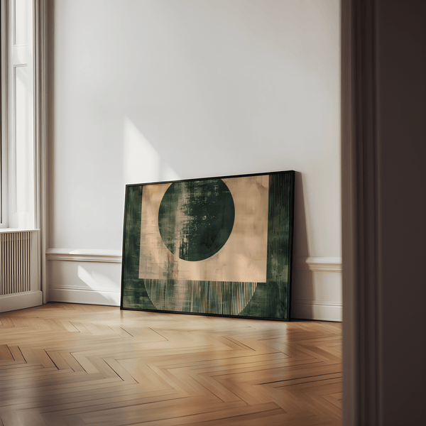 Modern Abstract Geometric Poster featuring Green and Beige, ideal for office