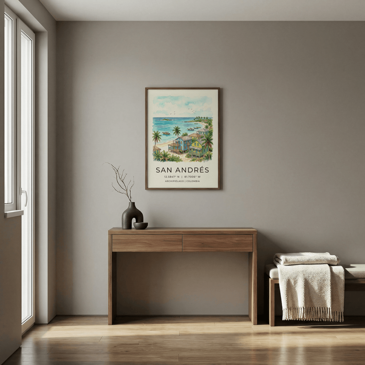 San Andres Art Print featuring San Andrés text, archipelago reference, and watercolor shoreline