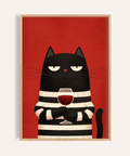 Cat Wine Art Print in Red, Beige, and Black for kitchen wall decor