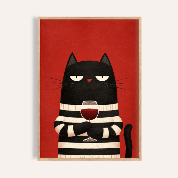 Cat Wine Art Print in Red, Beige, and Black for kitchen wall decor
