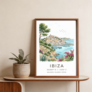 Front-view Ibiza Landscape Print poster with seaside village, marina sailboats, and “IBIZA” text