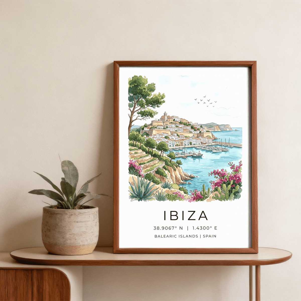 Front-view Ibiza Landscape Print poster with seaside village, marina sailboats, and “IBIZA” text
