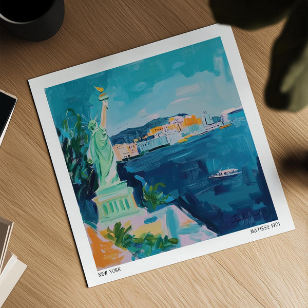 Holiday Posters showing New York’s coastline with ferry boat and skyline.
