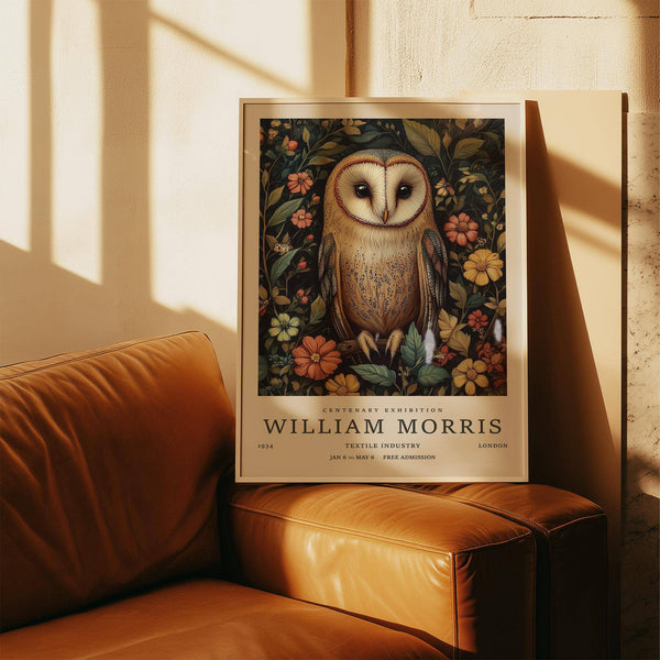 Warm-toned owl prints with forest blooms for calming wall art
