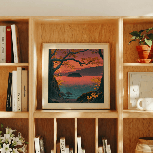 Vintage woodblock style lake scene with layered mountains and arching branches