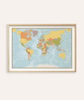 World Map Print with Blue, Green, and Yellow tones for living room wall art