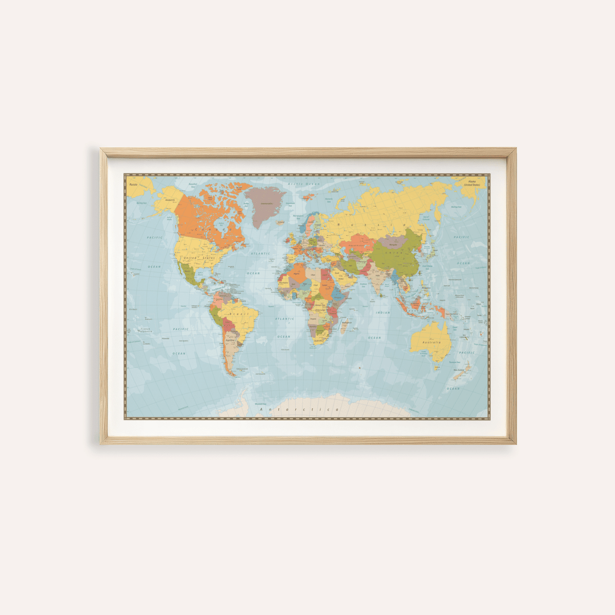 World Map Print with Blue, Green, and Yellow tones for living room wall art
