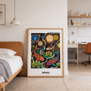 Japanese festival night scene wall art print with koi, lanterns, and swirling water lines