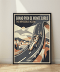 Overview of vintage racing poster print showing steep curved track and hillside buildings