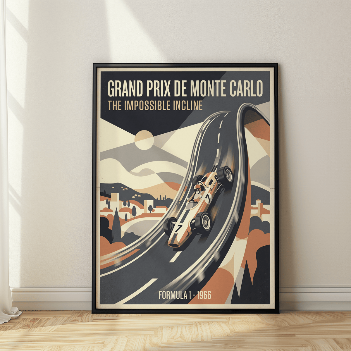 Overview of vintage racing poster print showing steep curved track and hillside buildings