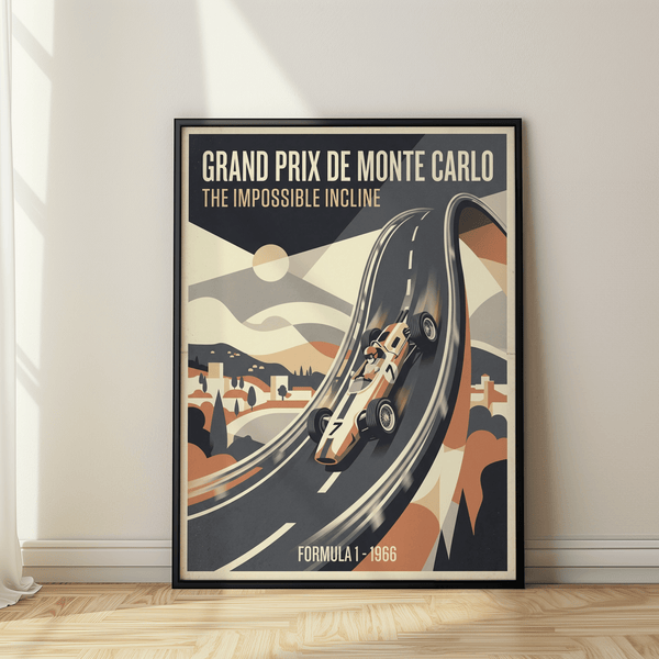 Overview of vintage racing poster print showing steep curved track and hillside buildings