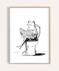 Minimal ink drawing poster of a frog sitting on a toilet reading a newspaper