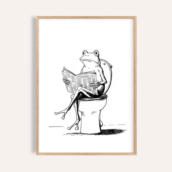 Minimal ink drawing poster of a frog sitting on a toilet reading a newspaper