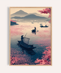Serene Zen Fishing Poster wall art with boats on calm water and blossoms