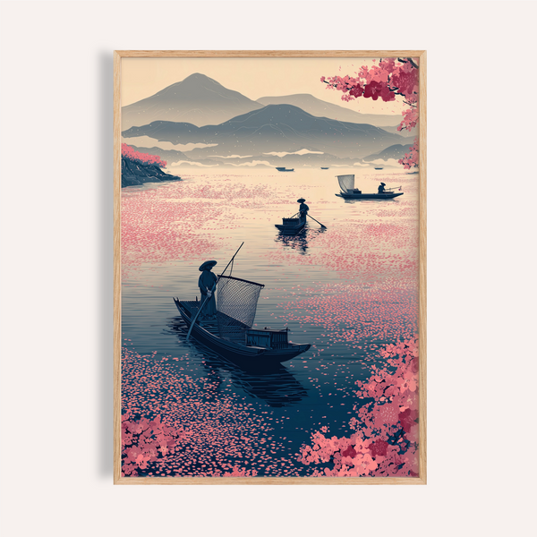 Serene Zen Fishing Poster wall art with boats on calm water and blossoms