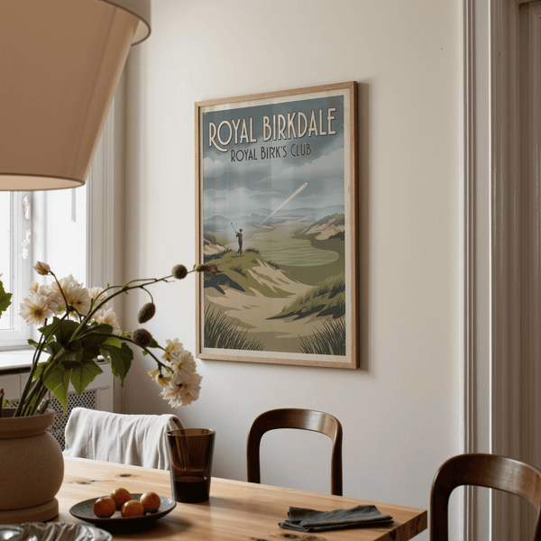 Retro-style golf wall art with golfer figure on tee box and expansive course view