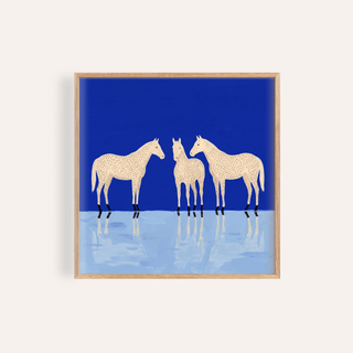 Front-view Abstract Horse Poster print with three spotted horses and mirrored reflections