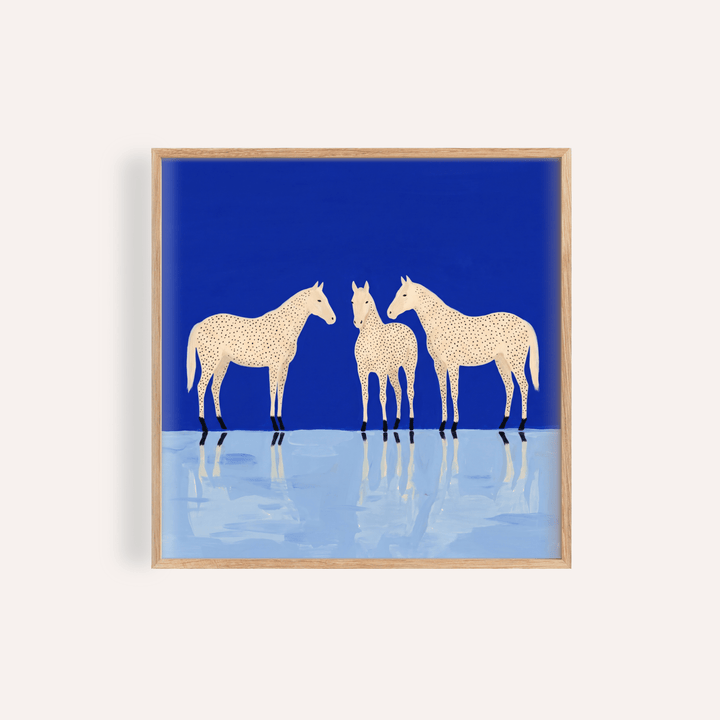 Front-view Abstract Horse Poster print with three spotted horses and mirrored reflections
