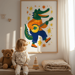 Funny Crocodile Art Print with bright Multicolored tones for nursery art print