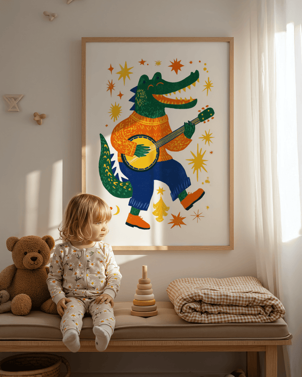 Funny Crocodile Art Print with bright Multicolored tones for nursery art print