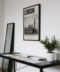 Bold LONDON header poster print with Westminster Palace archive-style captions