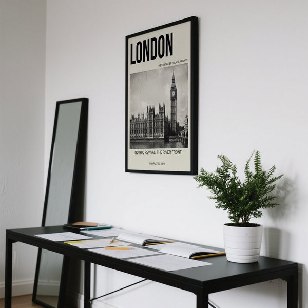 Bold LONDON header poster print with Westminster Palace archive-style captions