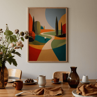 Colorful Golfing Wall Art print with abstract course shapes and tall dark trees