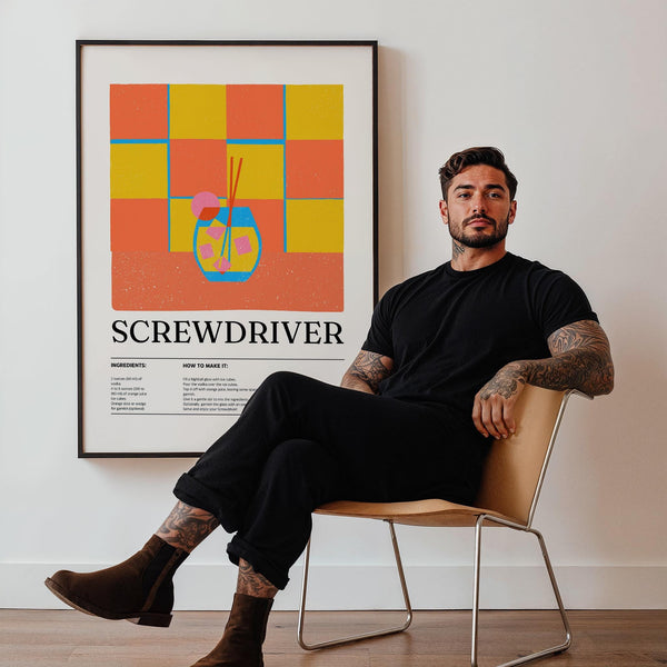 Screwdriver cocktail print featuring orange juice, vodka, and citrus garnish.