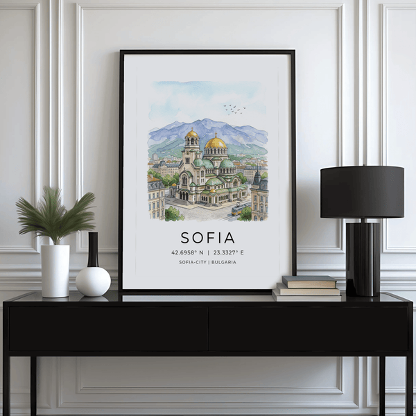Sofia City Art Print with cathedral illustration, birds, and “SOFIA-CITY | BULGARIA” text
