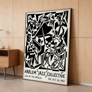 Monochrome Harlem Jazz Print wall art with geometric musician forms and layered negative space