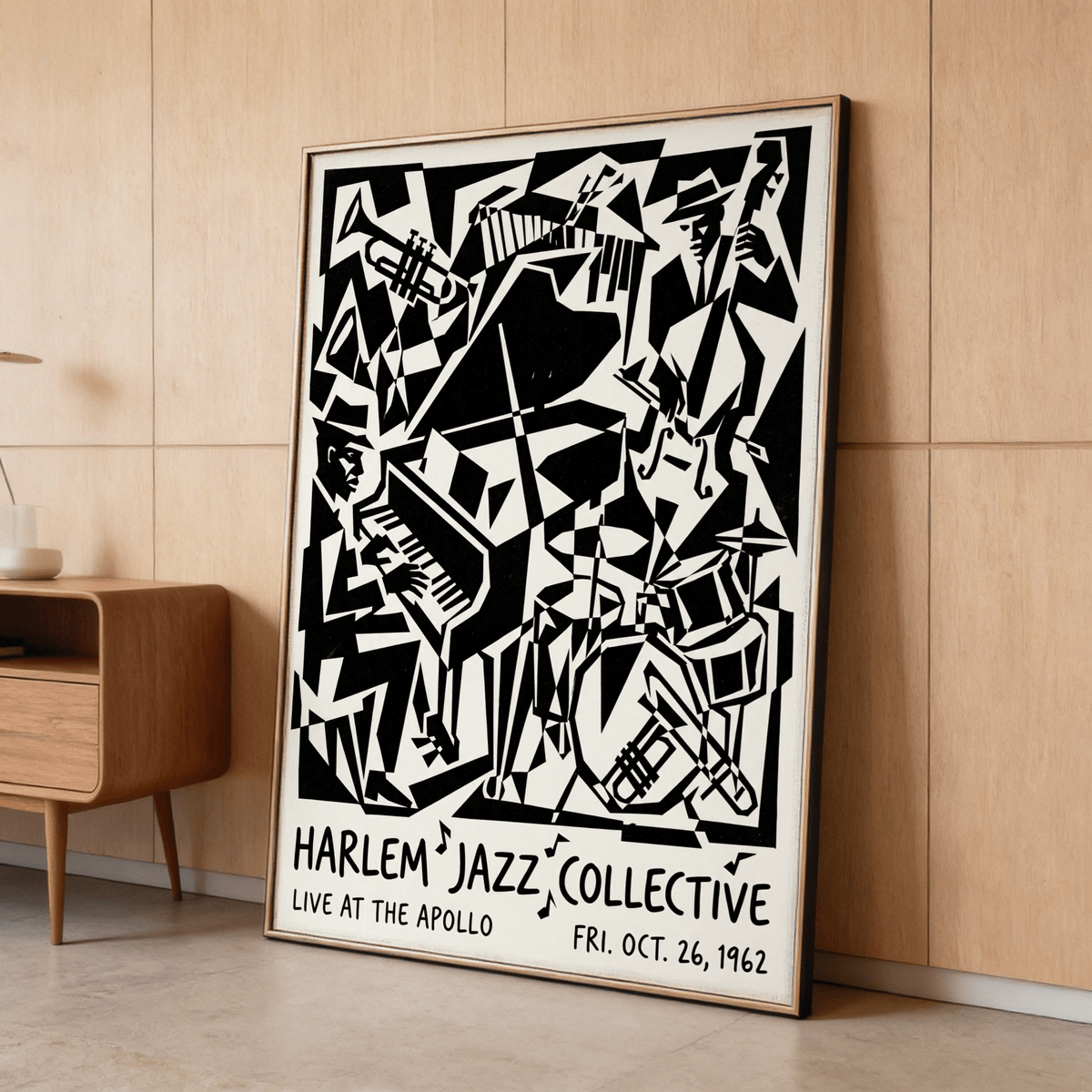 Monochrome Harlem Jazz Print wall art with geometric musician forms and layered negative space