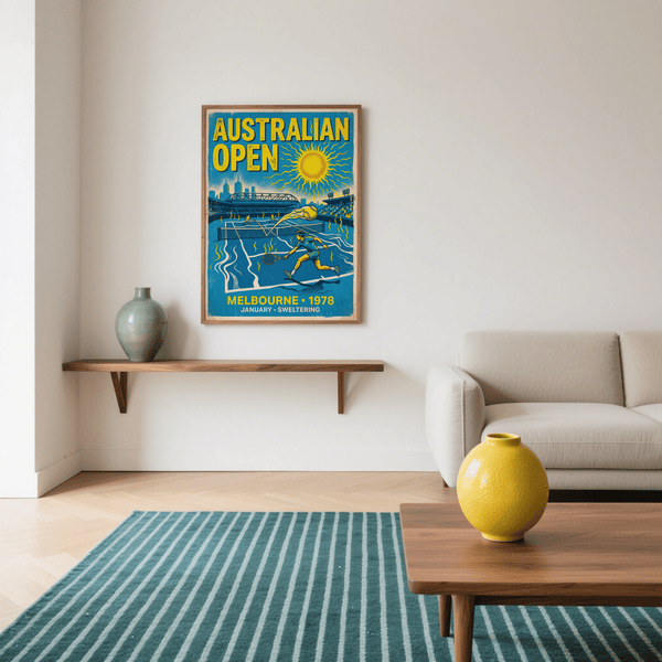 Screen-print style tennis poster with bold court lines and sun rays