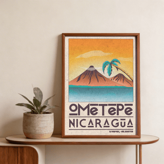 Text-forward travel wall art print reading Ometepe Nicaragua with small coordinates below